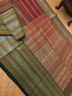 Woven Motifs Silk Cottons - a gorgeous perfect red short green manthulir veldhari with intricate woven borders