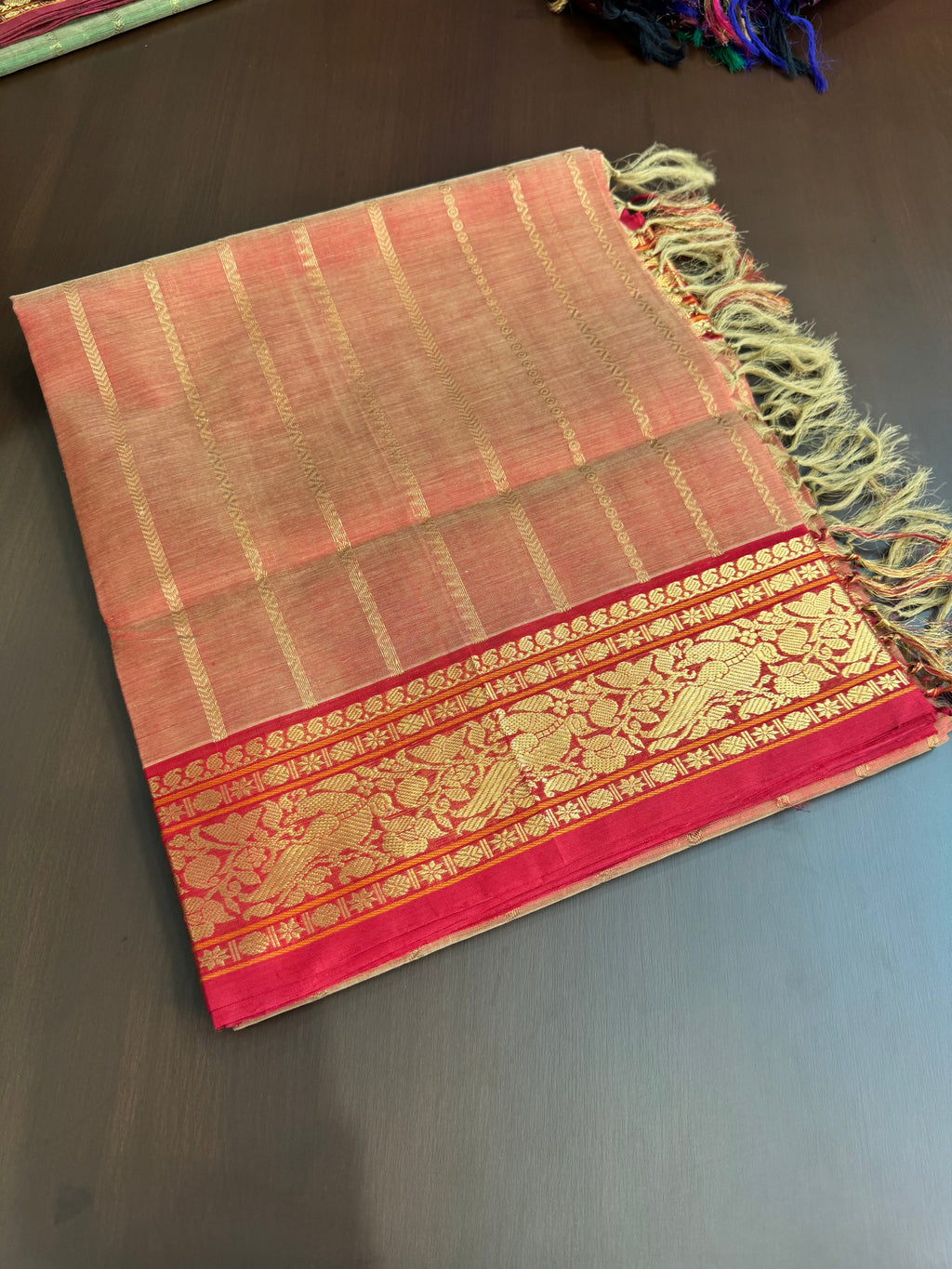 Vertical Veldhari on Zari Kissed Silk Cotton - pale ice cream orange