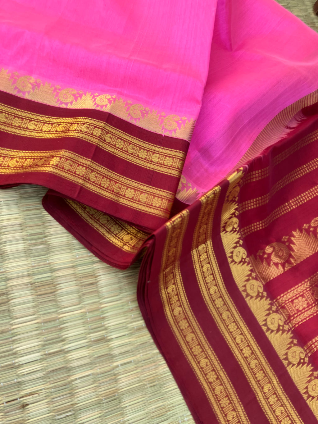 Korvai Silk Cotton - rose milk pink and kum kum maroon