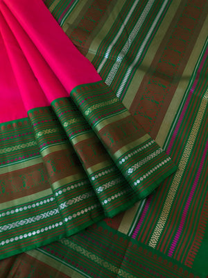 Vintage Ragas on Kanchivaram -beautiful deep pink short red no zari korvai Kanchivaram with varusai pett woven borders