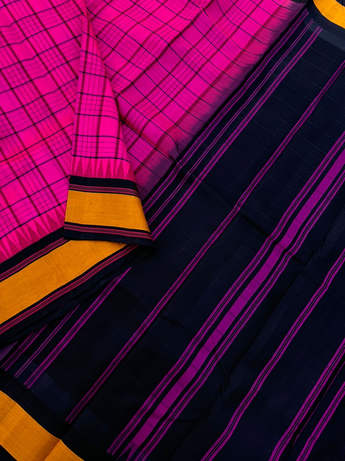 Signature Silk Cotton - pink body and mustard borders with mid night black pallu and blouse