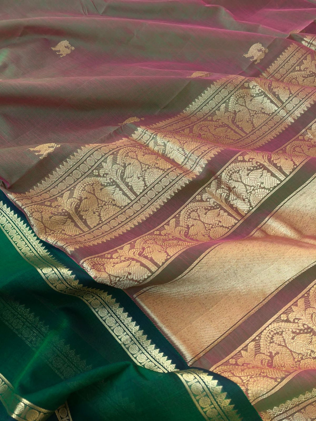 Zari Kissed Silk Cotton - perfect mix of rose pink and green with yali woven buttas