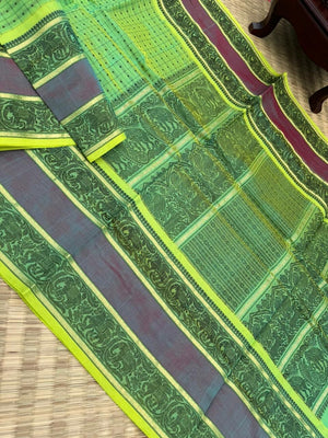 Woven Motifs Silk Cotton - pale fluorescent green lakshadeepam with broad borders
