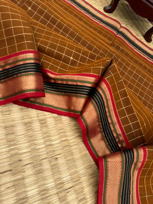 Zari Kissed Silk Cotton -burnt caramel brown muthu kattam is absolutely unusual