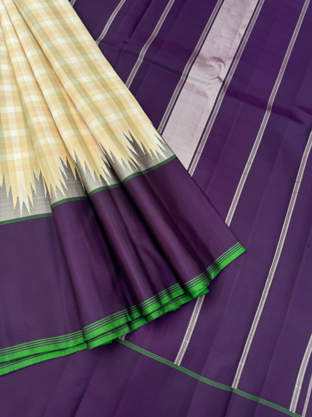 Ekatara - The Rarest Kai Korvai Kanchivarams - most beautiful smart classy corporate chex body with beetle nut jammun purple pallu borders and blouse