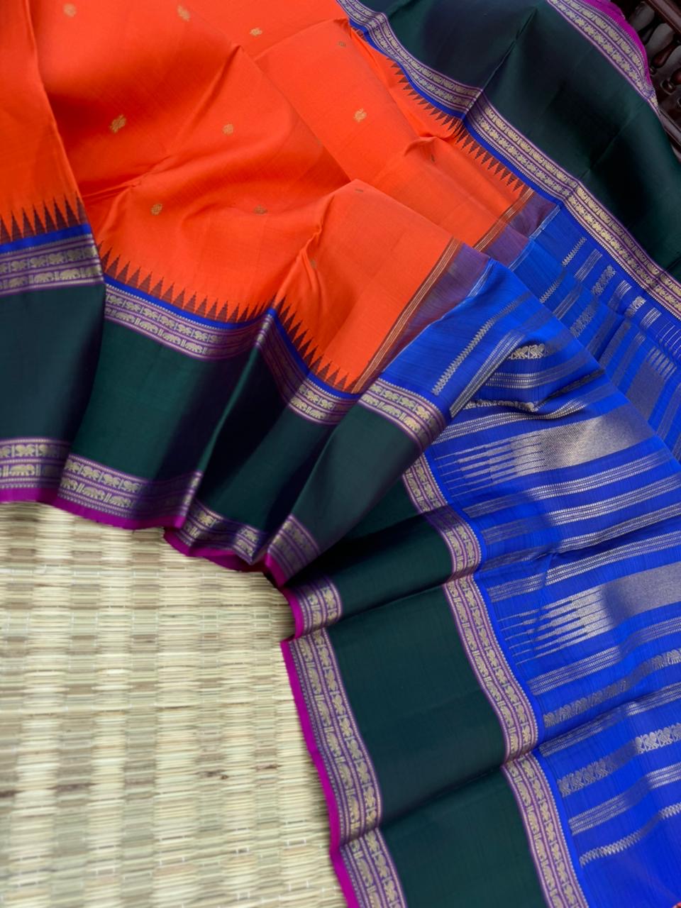 The Korvai Vibes - Authentic Korvai Kanchivaram - gorgeous orange body and forest green borders with royal blue intricate pallu and blouse