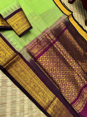 Korvai Silk Cotton - pista ice cream zari kattam buttas with coffee bean brown