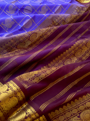 Korvai Silk Cotton - kurunji flower and burgundy Mayil chackaram
