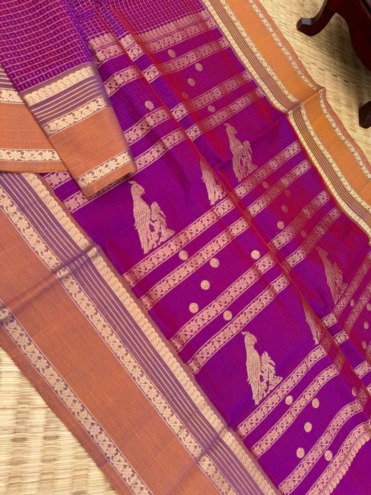 Zari Kissed Silk Cotton - gorgeous purple dual tone lakshadeepam with long parrots woven pallu