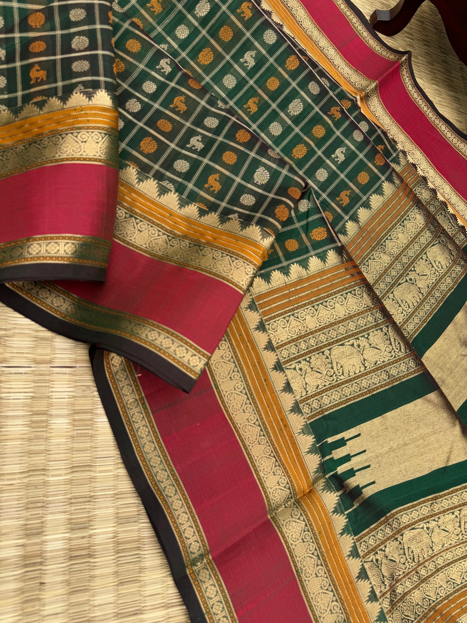 Woven Motifs Silk Cotton - meenakshi green 1000 buttas