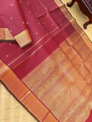 Aandal - The grandeur Kanchivaram - deepest maroon ( aaraku ) Vairaoosi kattam with aarai maadam woven borders