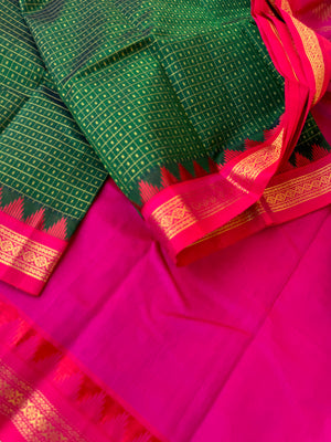 Korvai Silk Cotton - Meenakshi green and pink lakshadeepam