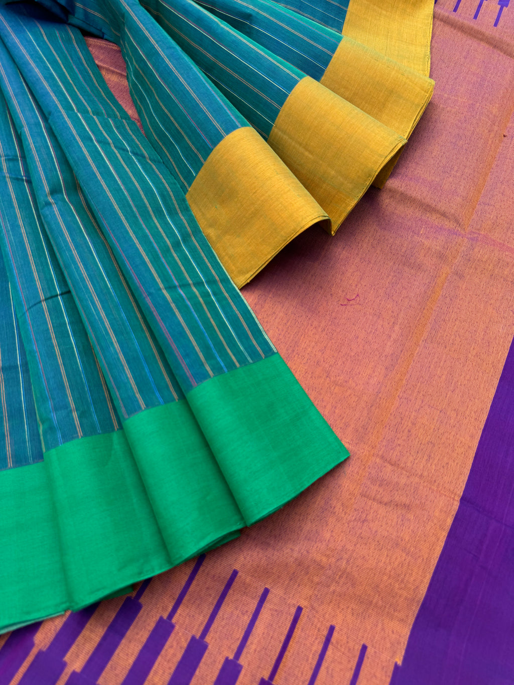 Corporate Style Mangalavastaram - teal blue ganga jammuna woven body with purple pallu and blouse