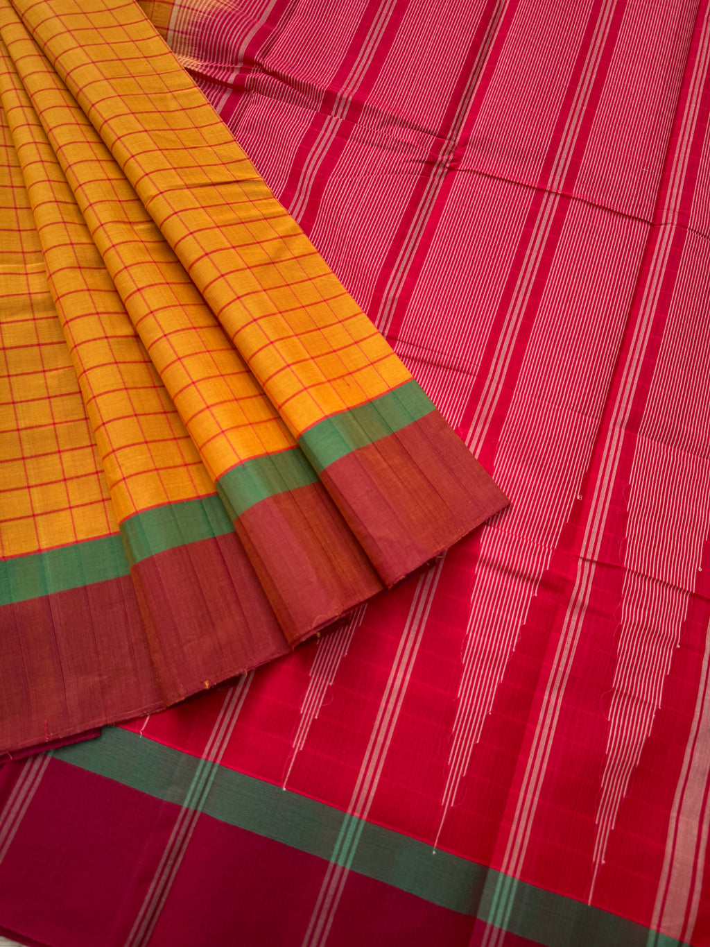 Corporate Style Mangalavastaram - mustard and red with chex woven body