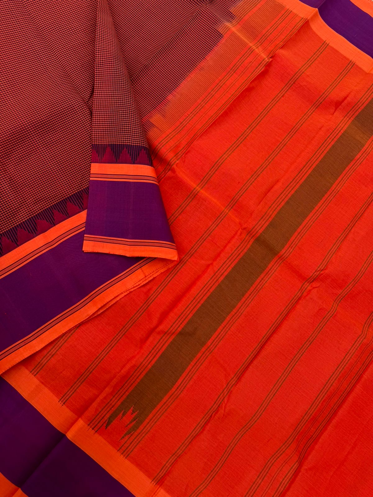Signature Silk Cotton - orange and black kasa kasa kattam with orange pallu and blouse