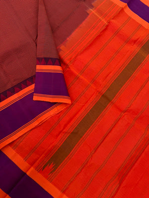 Signature Silk Cotton - orange and black kasa kasa kattam with orange pallu and blouse