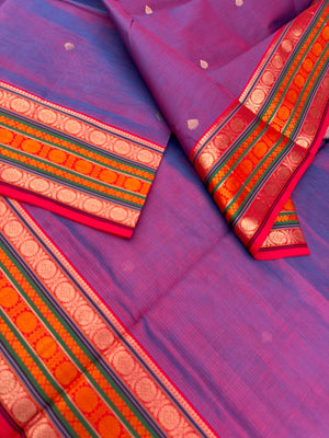 Zari Kissed Silk Cotton - a stunning dual tone red short blue three row of laddu kamalam motifs