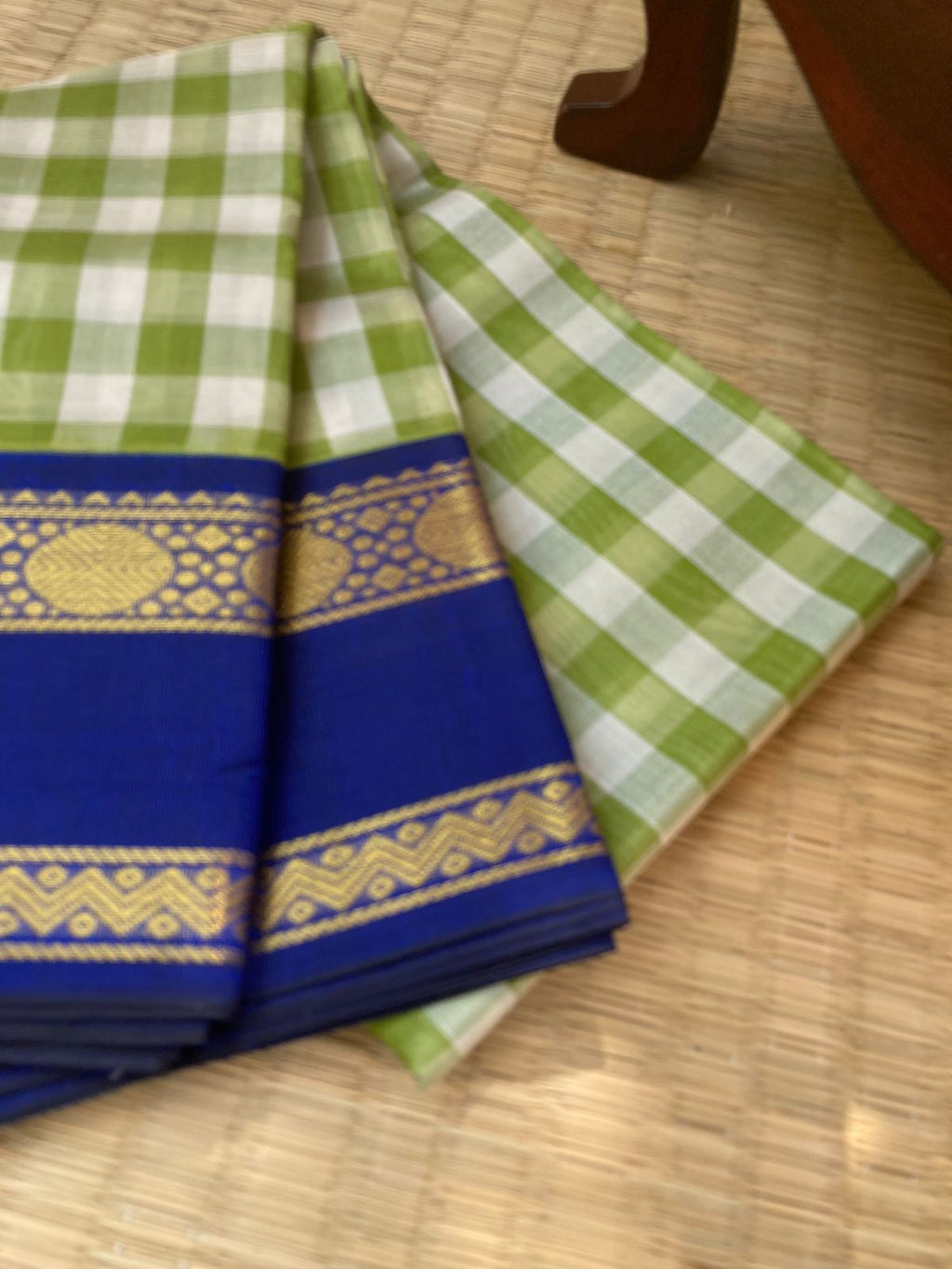 Paalum Palamum Kattams Korvai Silk Cottons - olive and off white with navy blue borders