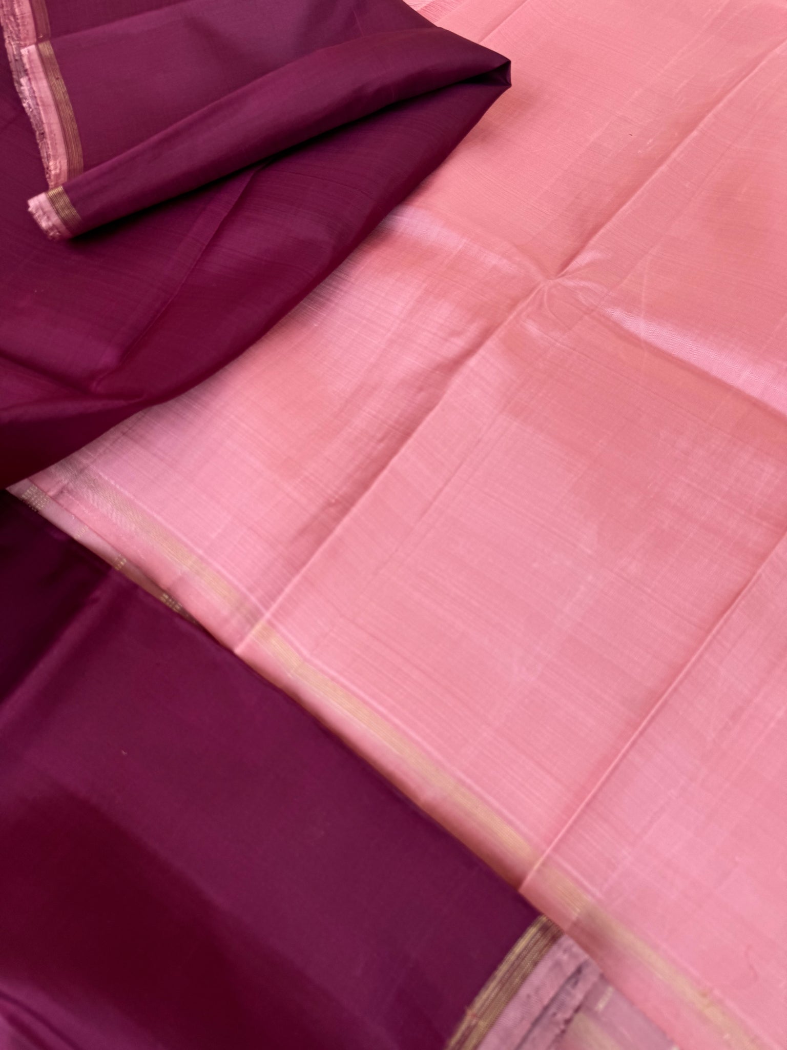 Contrast Play Kanchivarams - deep burgundy and baby pink