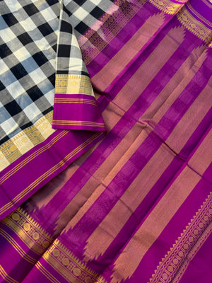 Korvai Silk Cotton - the best selling black and white high court chex with deep purple borders and pallu