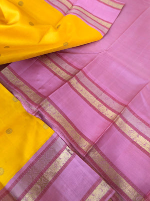 Meenakshi Kalayanam - Authentic Korvai Kanchivarams - gorgeous golden yellow and dusky pink