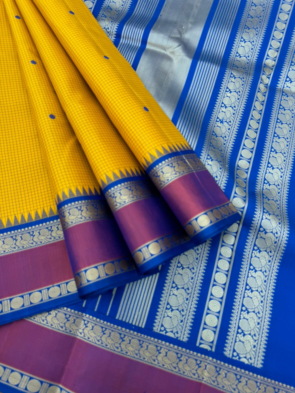 Album Untouched - stunning yellow and blue no zari Korvai Kanchivaram with podi kattam and buttas woven body