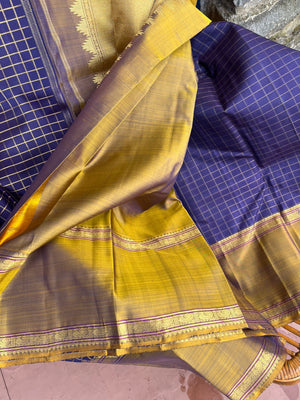 Meenakshi - Heirloom Kanchivaram - deep navy blue and burnt golden mustard with gold chain kattam woven body