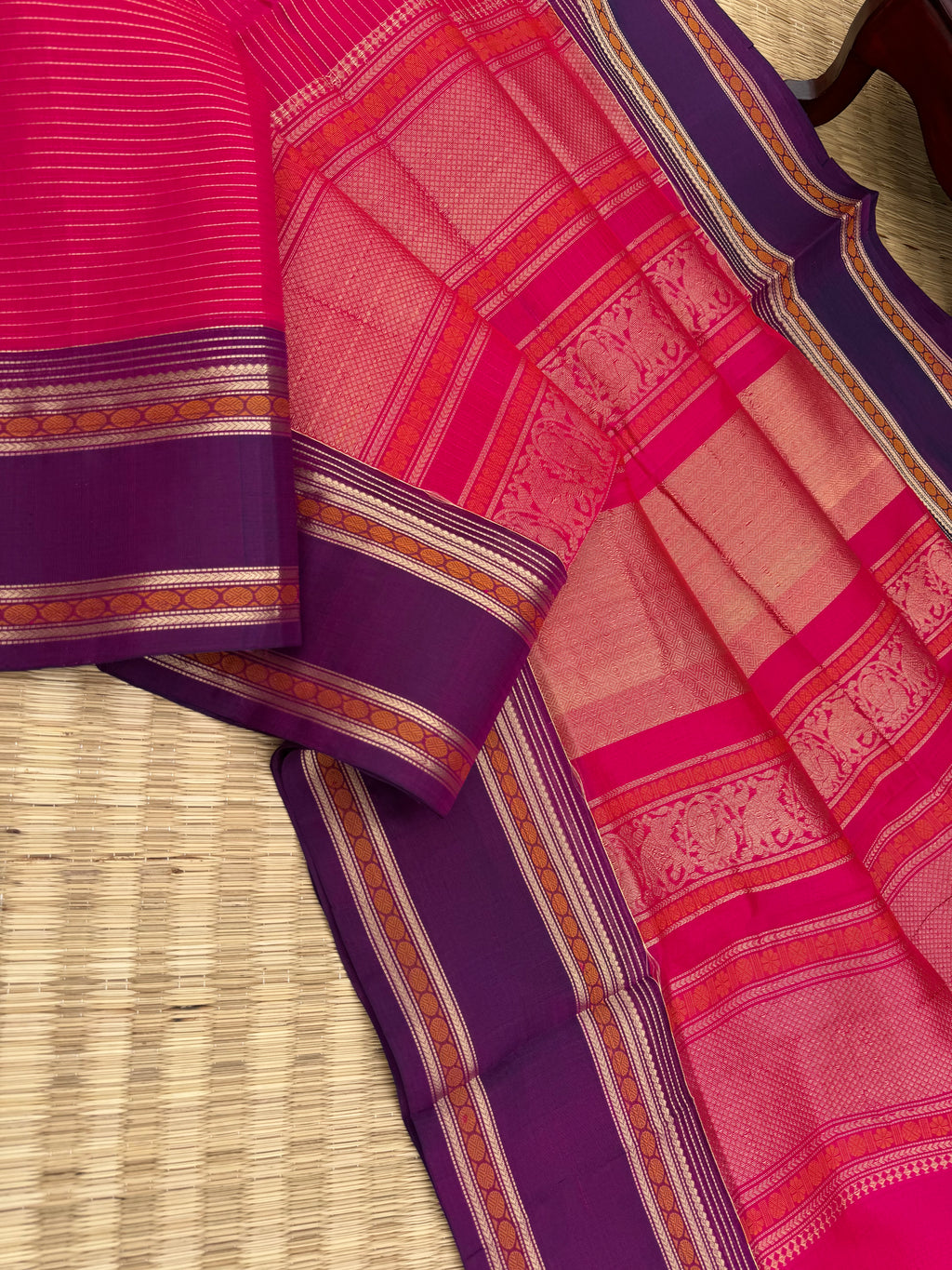 Zari Kissed Silk Cotton - a red pink and purple vairaoosi with vintage vibe borders