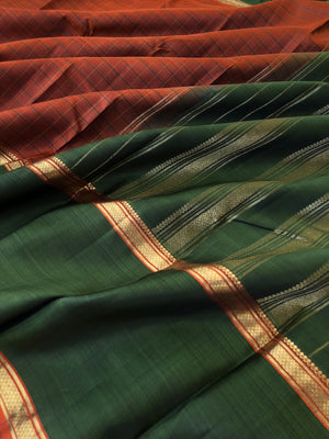 Kamakshi - Festive Kanchivaram - earthy brown and burnt olive green retta pett and broad border Kanchivaram with chex woven body