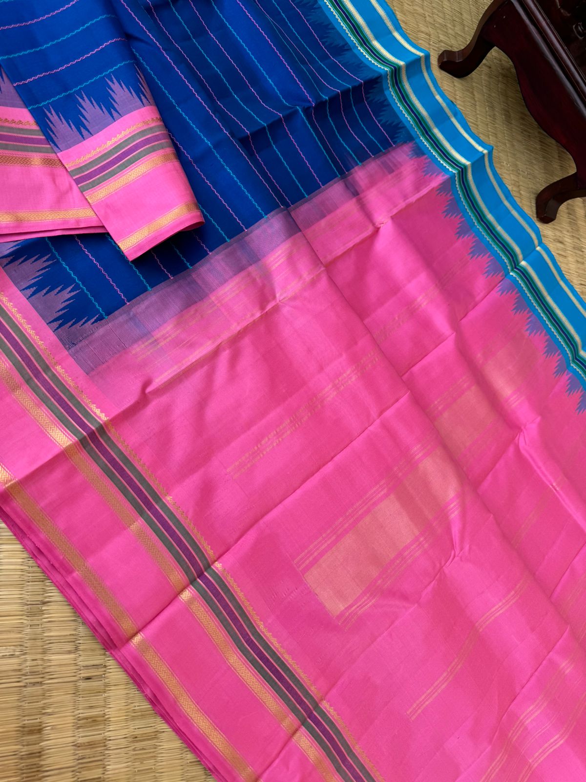 Veldhari on Korvai Kanchivaram - stunning ink blue with bubble gum pink and anandha blue ganga jammuna borders