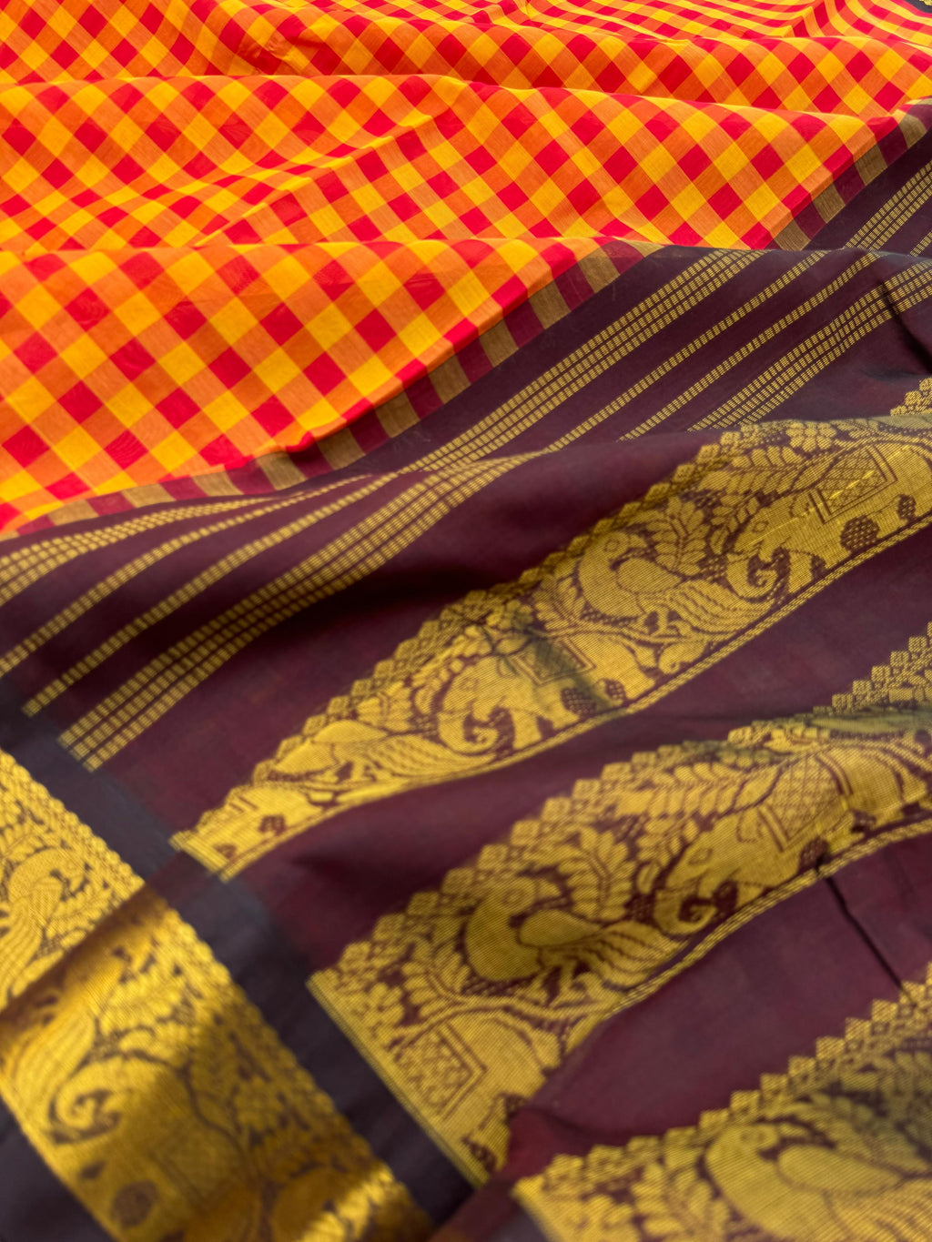 Korvai Silk Cottons -mustard and red chex with maroon pallu and blouse
