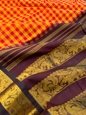 Korvai Silk Cottons -mustard and red chex with maroon pallu and blouse