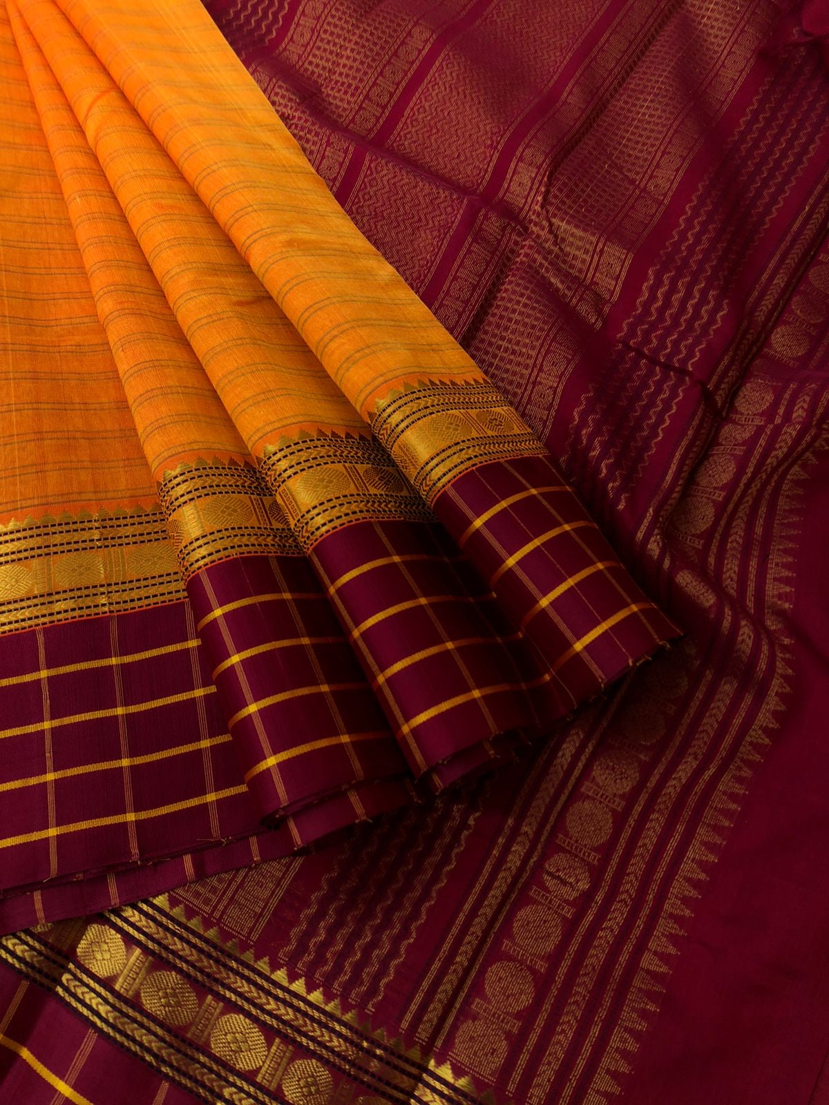 Divyam - Korvai Silk Cotton with Pure Silk Woven Borders - sun set orange and maroon with stripes woven body and check woven borders