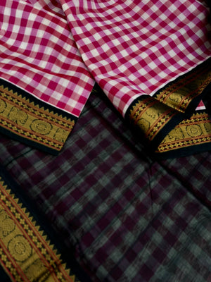 Korvai Silk Cottons - pink and cream kattam with deep forest green Pallu and blouse