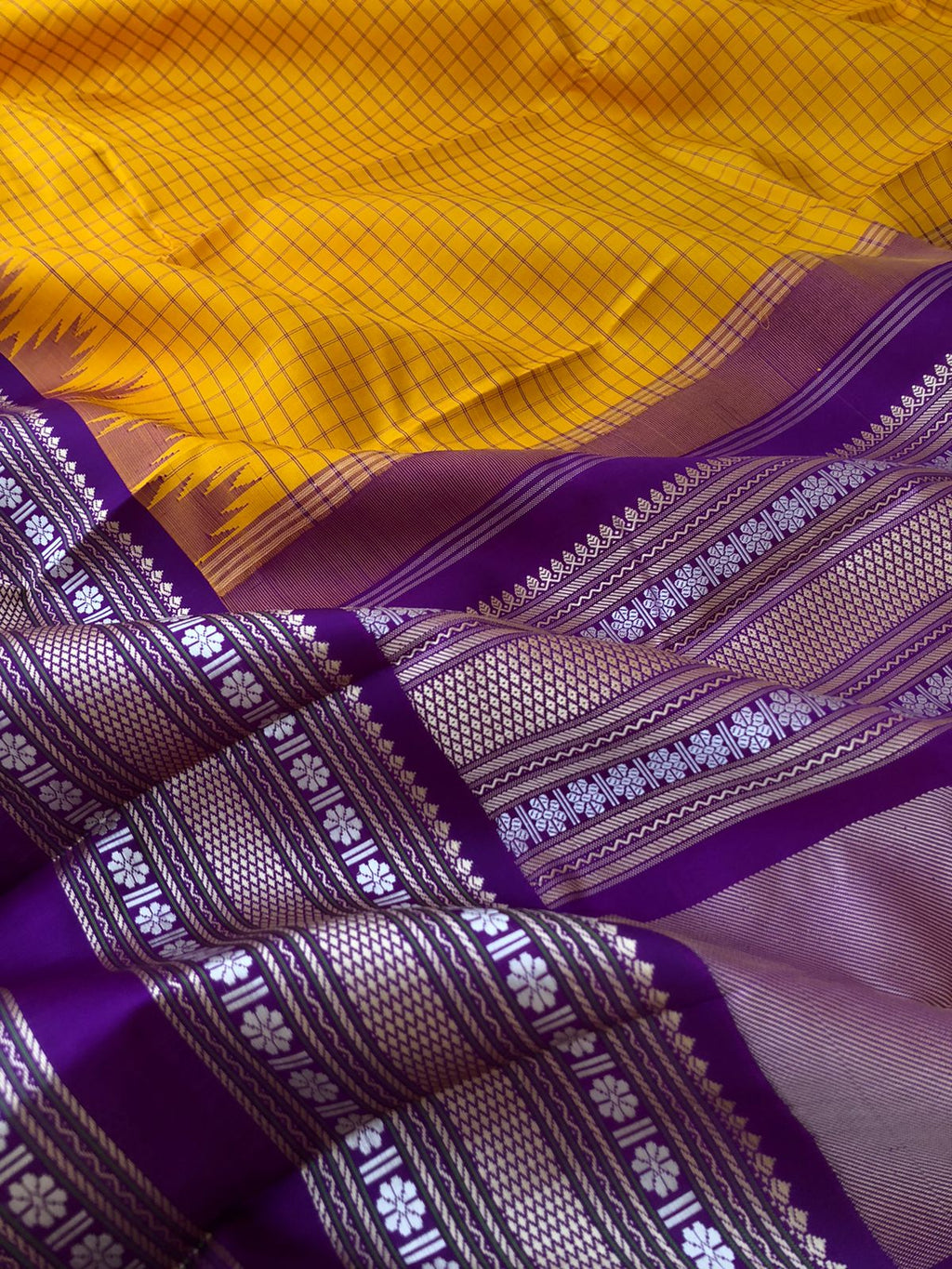 Sahasra - Stunning No Zari Korvai Kanchivarams - amazing mango yellow chex woven body and deep purple varusai pett woven borders