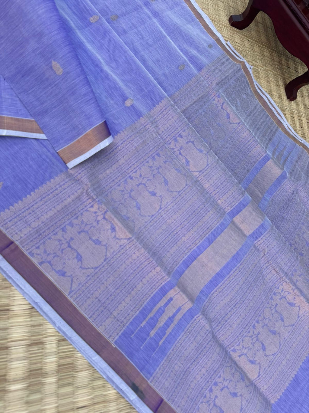 Pastels on Zari Kissed Silk Cotton - pastel sottu neelam tone of off white with ine inch tissue borders