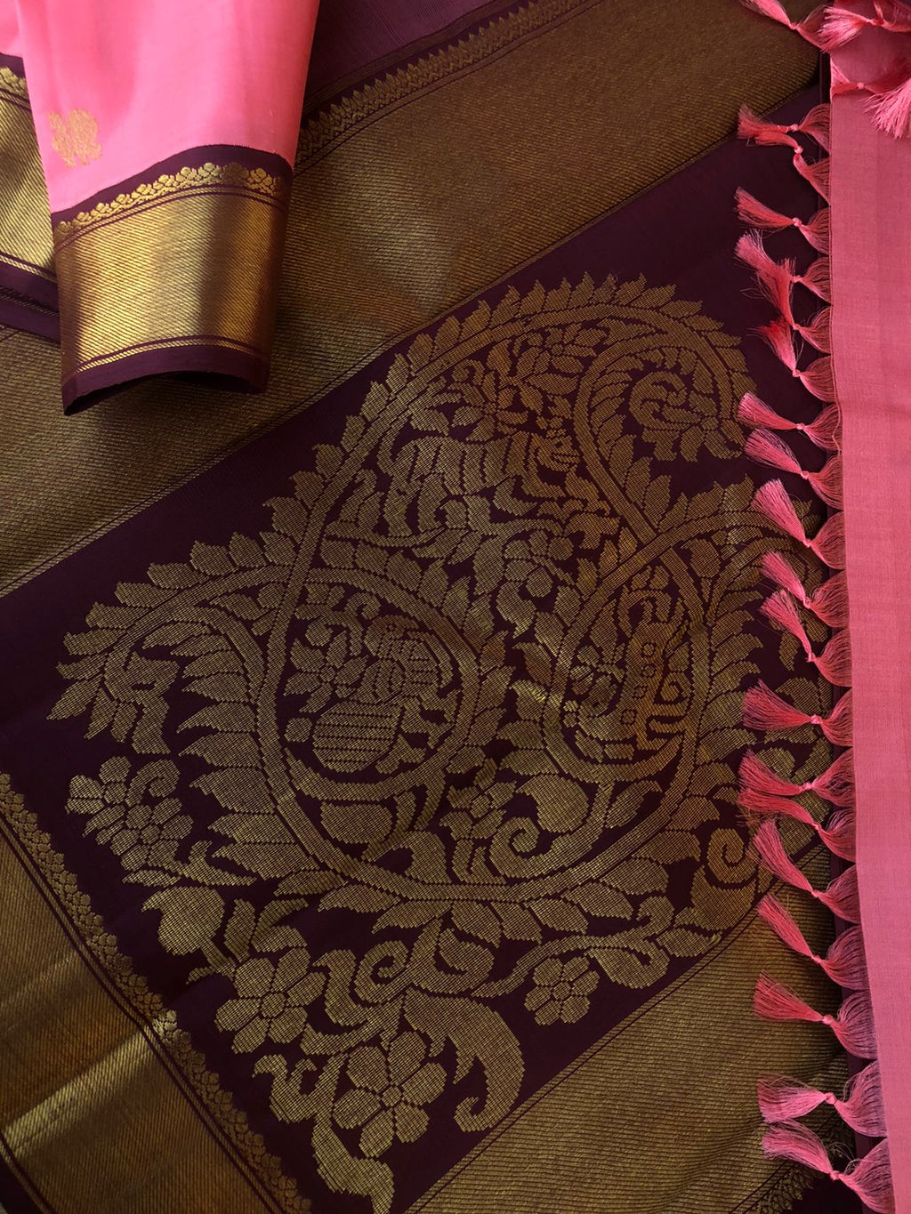 Pastel Ragas on Kanchivaram - beautiful lotus pink and coffee bean with amazing vintage vanasingaram buttas woven pallu