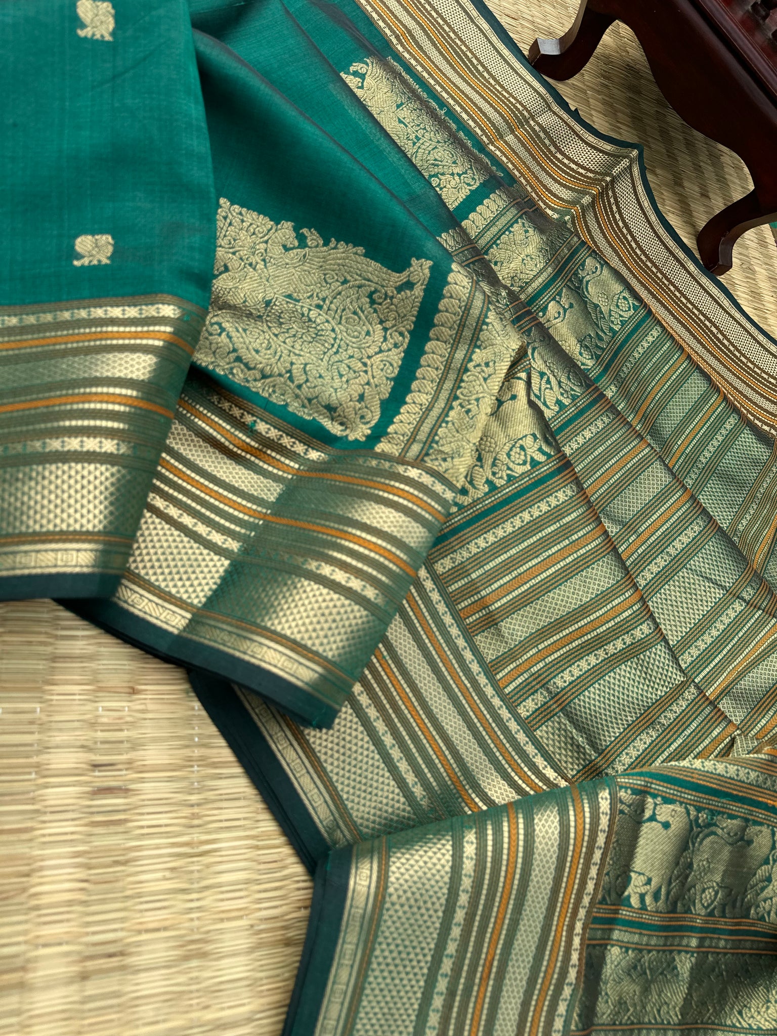 Zari Kissed Silk Cotton - deep dark forest green corner buttas