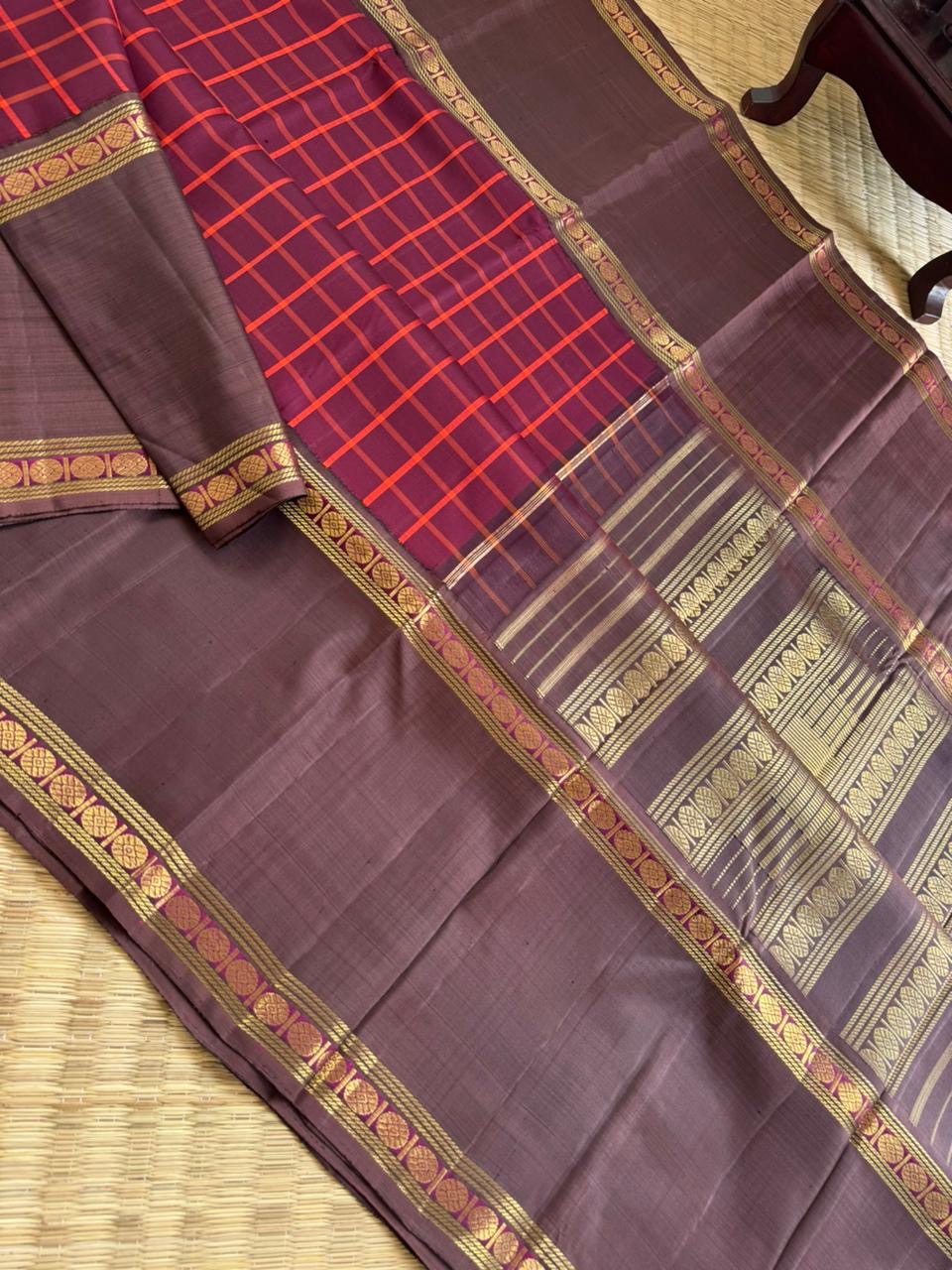 Tasteful Tall Border Kanchivarams - most beautiful maroon chex woven body with chocolate shaded korvai woven broad borders