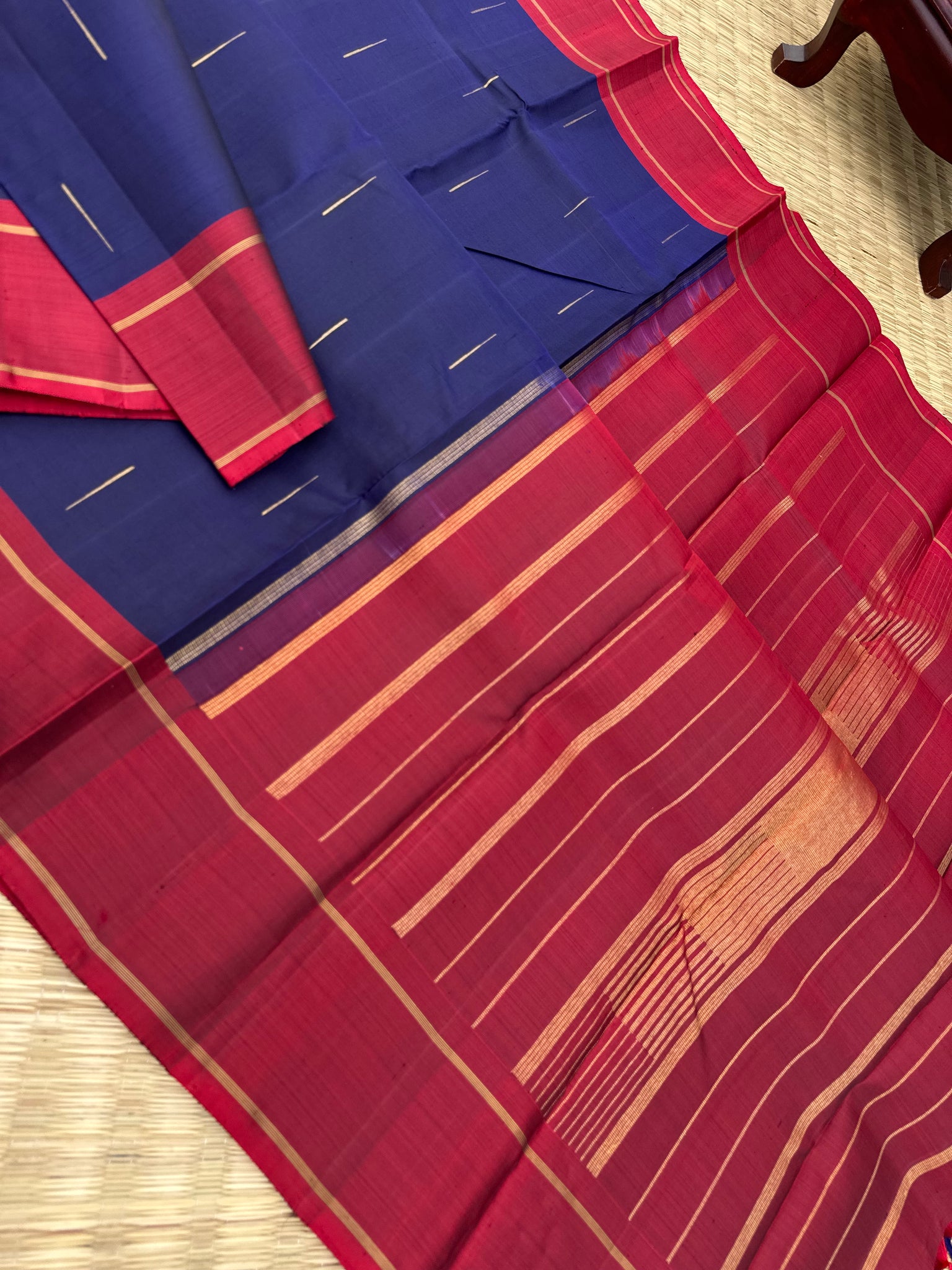 Diwali Edits - Kanchivaram For All Occasions - deep dark navy blue and wine with rain drop woven buttas