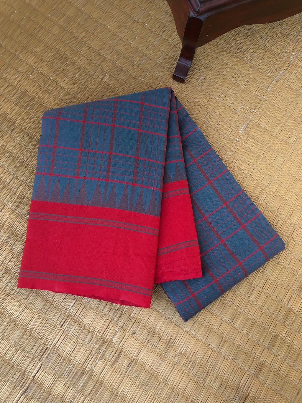 Signature Korvai Silk Cottons - deep elephant grey and red