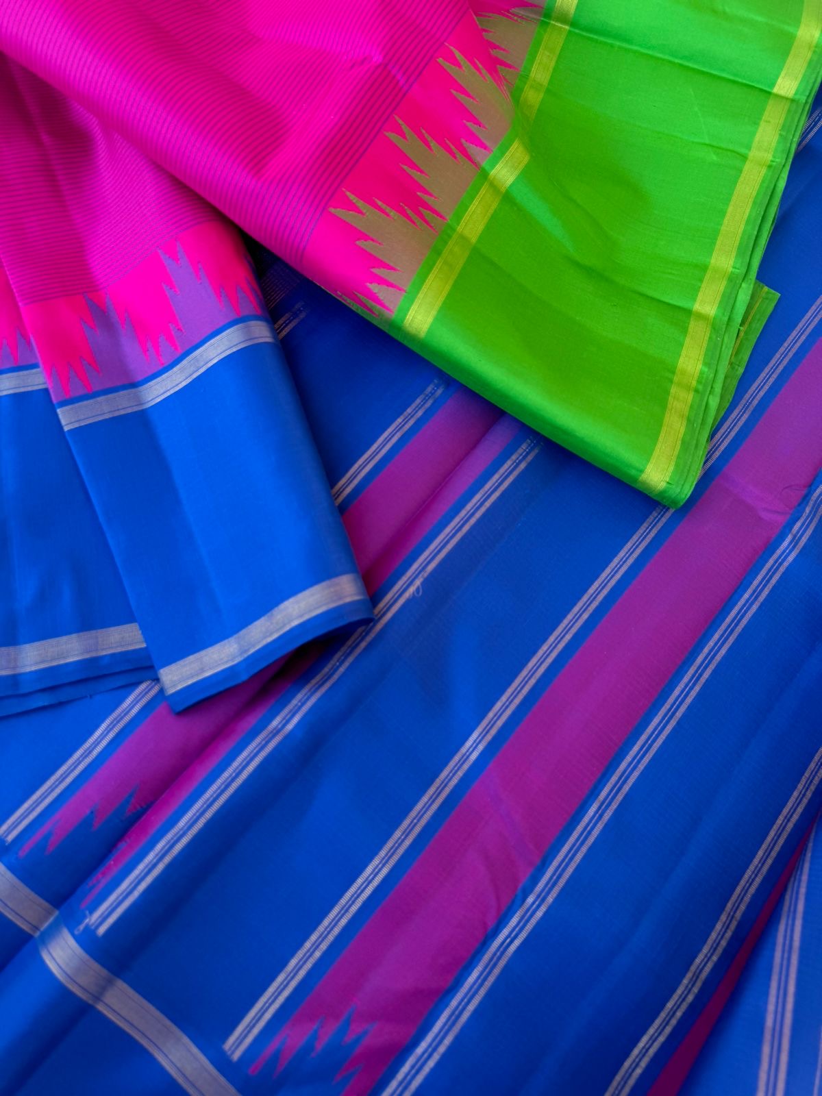 Art of Kai Korvai Kanchivaram - deep traditional pink with blue and apple green korvai woven borders