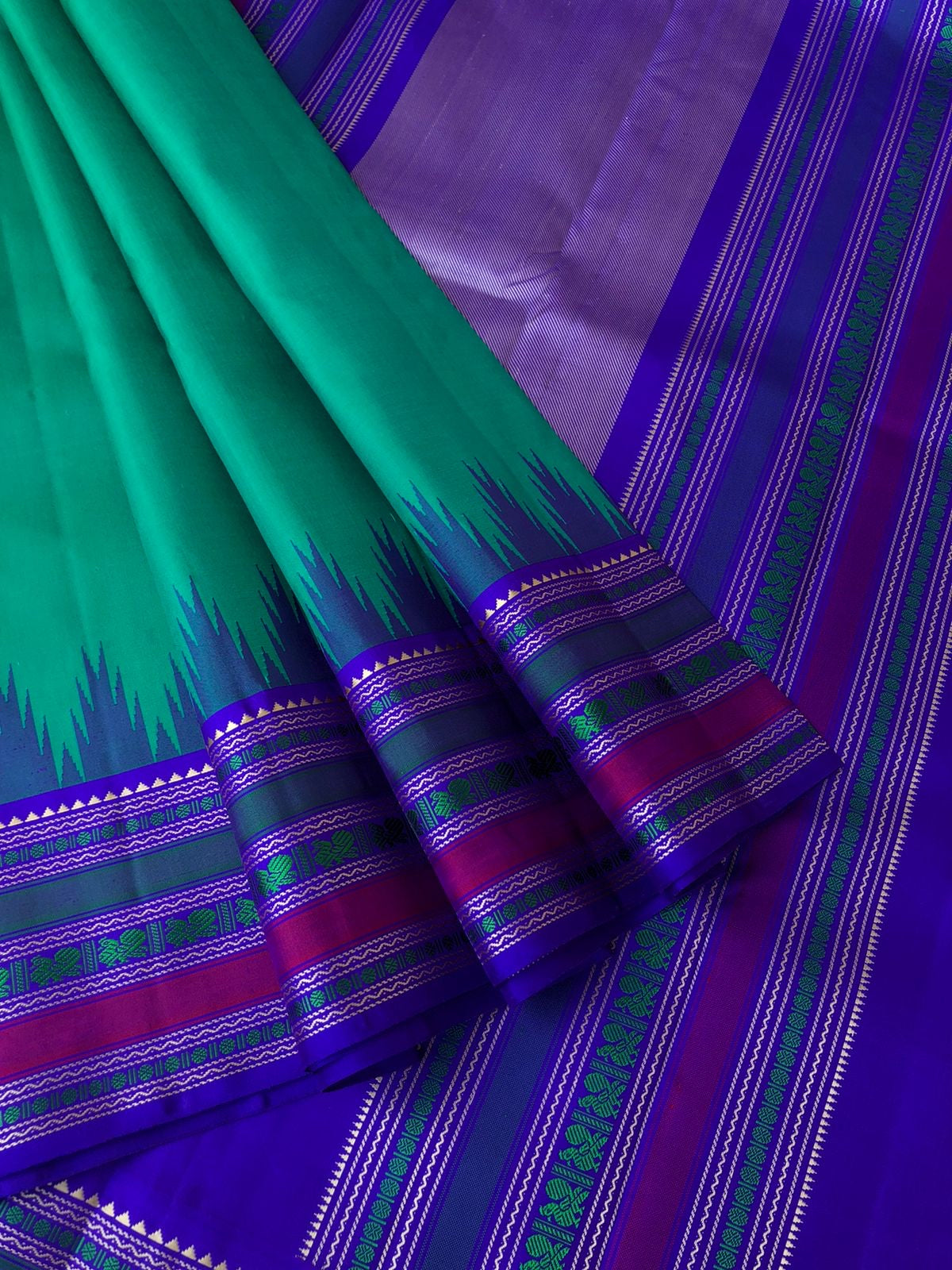 Sahasra - Stunning No Zari Kanchivarams - stunning unusual mint green and blue with intricate woven borders