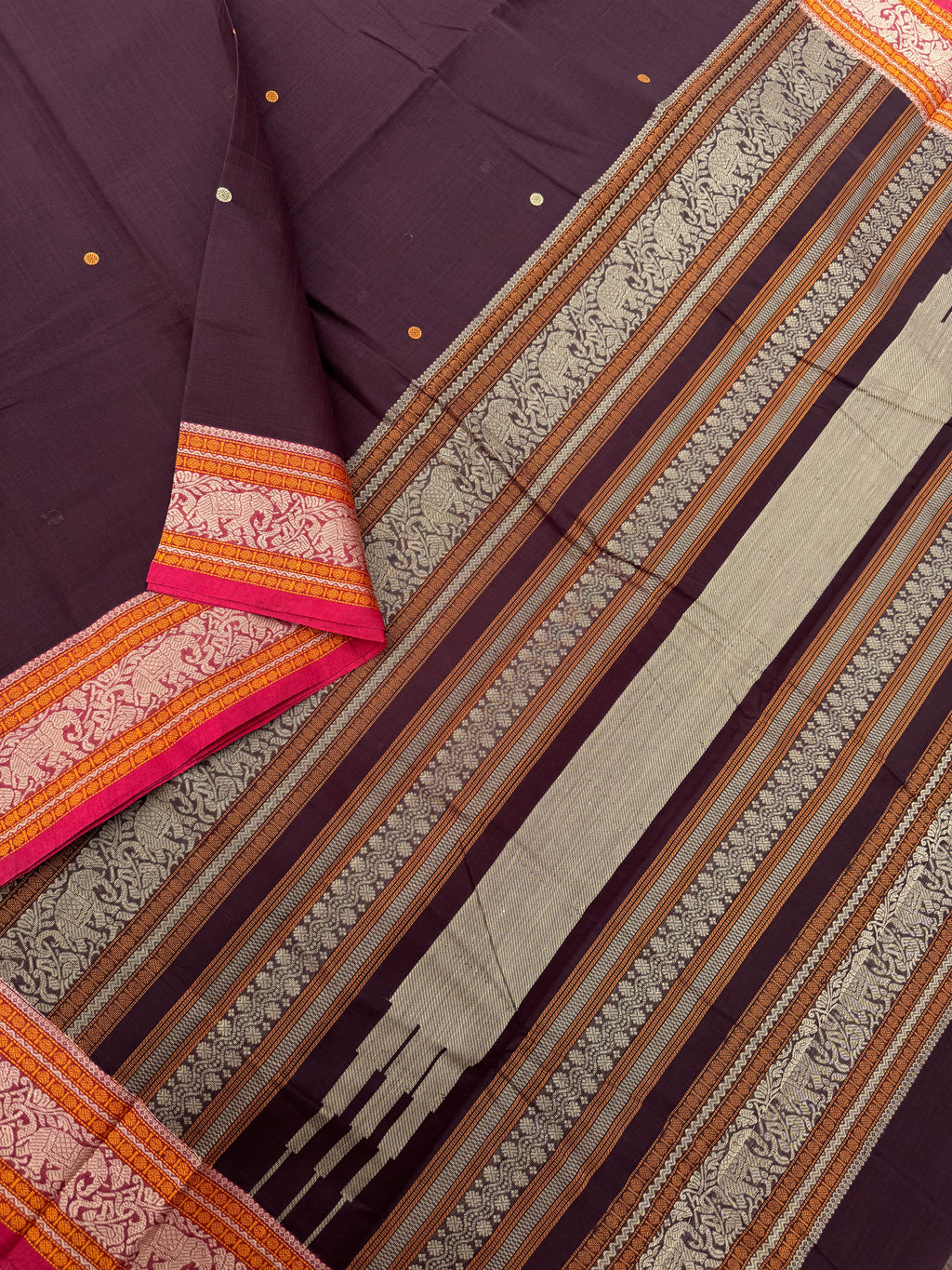 Mangalavastaram - coffee bean brown with elephants woven borders