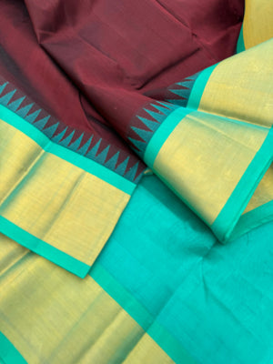 Korvai Silk Cottons - deep maroon and teal with tissue zari woven borders