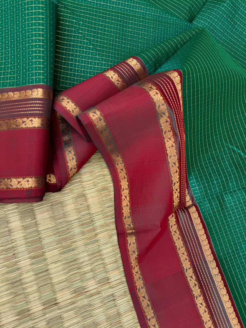 Zari Kissed Silk Cotton - green Lakshadeepam with parrots woven pallu