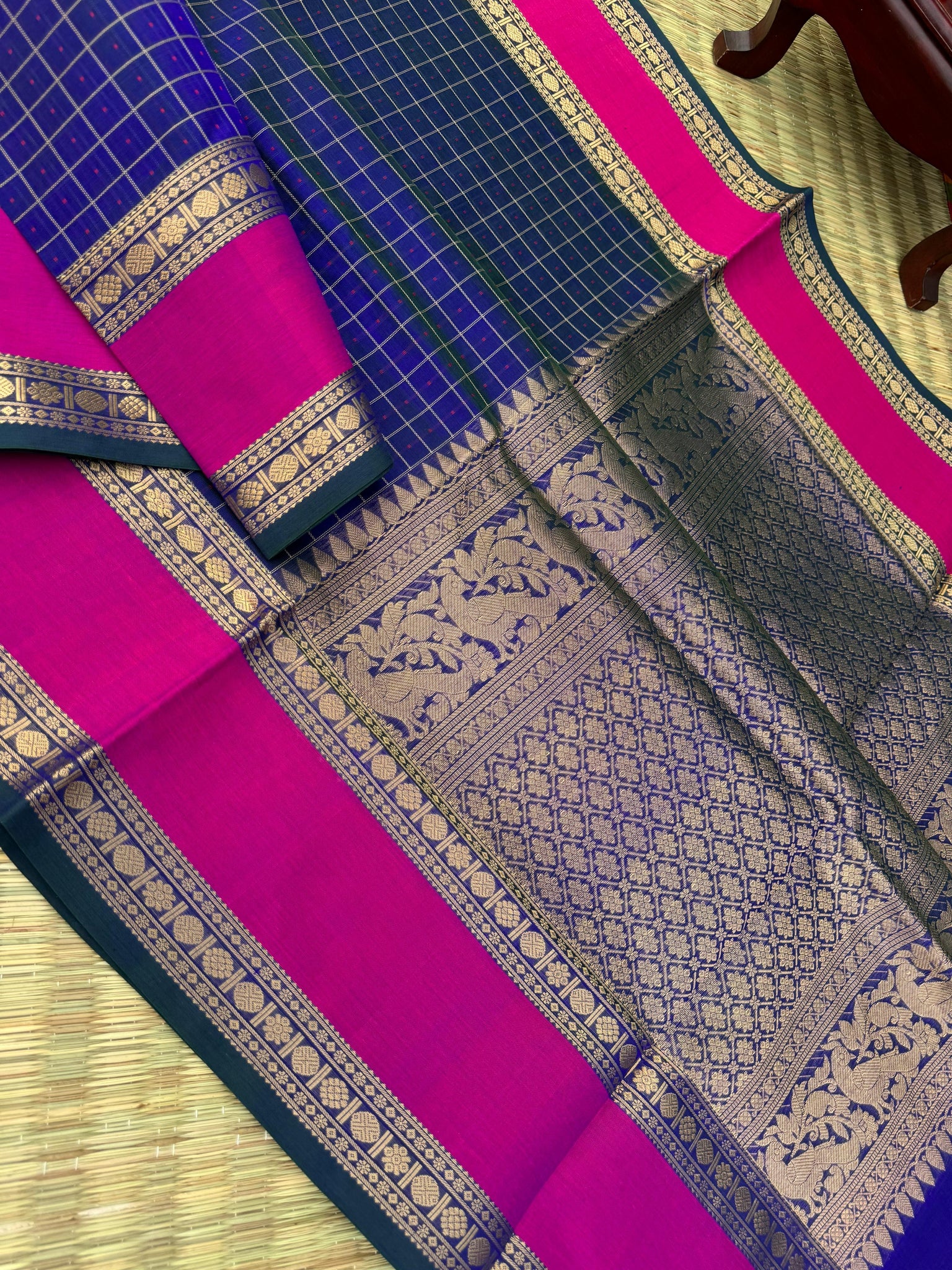 Woven Motifs Silk Cotton - peacock blue green lakshadeepam