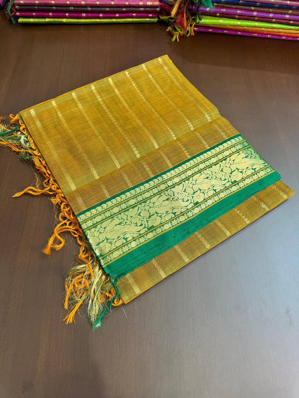 Vertical Veldhari on Zari Kissed Silk Cotton - mustard mixed green