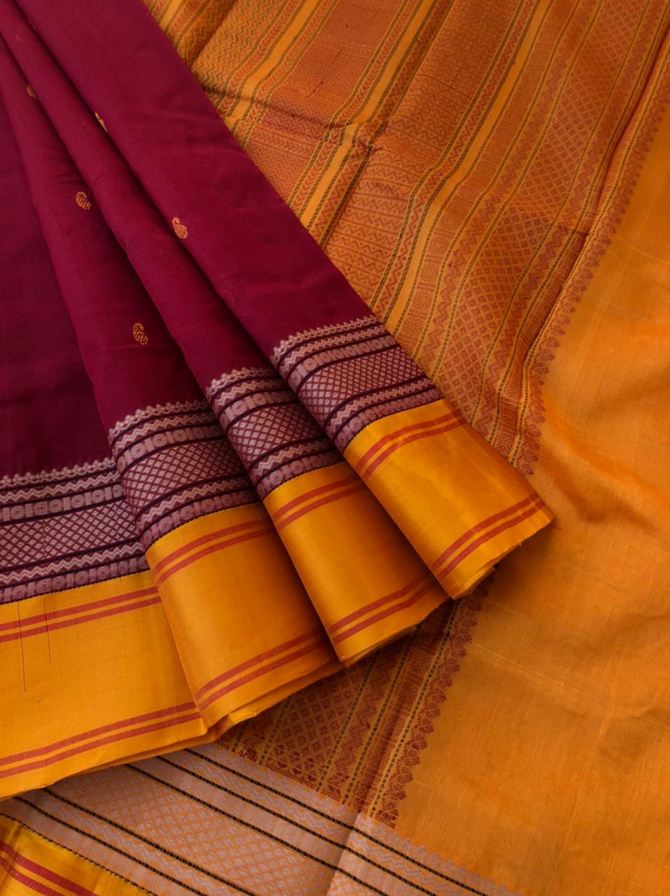 Divyam - Korvai Silk Cotton with Pure Silk Woven Borders - deepest dark maroon and mustard