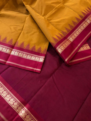 Mira - Our Exclusive Cotton body with Pure Silk Korvai Borders - traditional at the best mustard and deep red with annapakshi woven borders